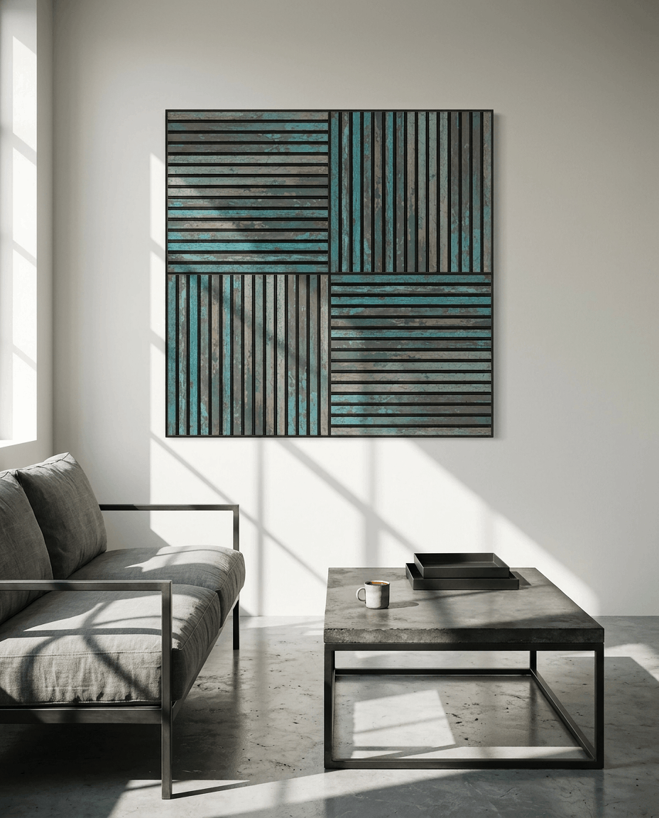 Minimalist living room featuring a grey sofa, concrete table, and WoodUpp Akupixel acoustic panel in Oxide Blue with Black Felt for enhanced sound absorption.